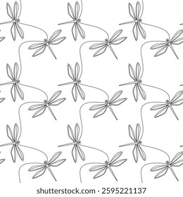 Hand drawn dragonfly vector seamless pattern. Abstract illustration. Outline insects backdrop. Line continuous drawing, black white wallpaper, cartoon background, fabric, textile print.