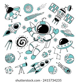 
A hand drawn drawing of an astronaut in outer space accompanied by an alien spacecraft, satellite, binoculars and solar system on a white and light blue background