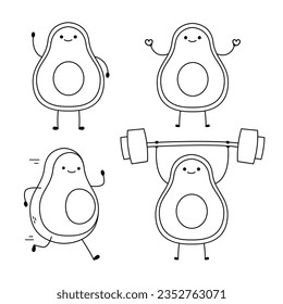 Hand drawn drawing of avocado cartoon character waving hand, spreading love, running and lifting weight also can be used for coloring