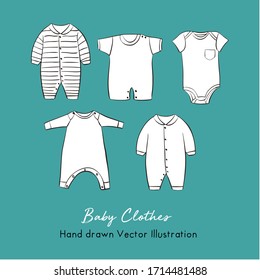 Hand drawn drawing of baby clothes. Vector illustration. background. Garments for infant kids. Set icons clothing in hand drawn illustration on green Tosca background. Isolated objects