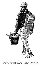 Hand drawn drawing of casual city dweller with backpack and full grocery basket