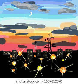 Hand drawn drawing of a city evening landscape with lights, red sunset and dark clouds.
