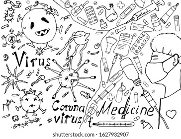 Hand drawn drawing with doctor and medications. Confrontation monsters of microbes, viruses and modern medicine. Concept of fight against Chinese coronavirus. Viral epidemic, medical care population