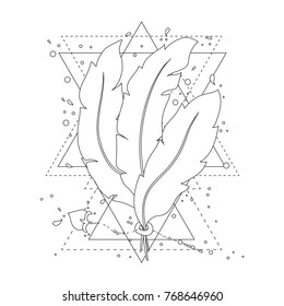 Hand drawn drawing of  feathers with geometric triangle ornament. Vector illustration isolated on white . Ethnic tattoo design with American Indians amulet, tribal symbol. Zentangle style.