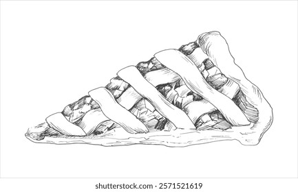 Hand drawn drawing of a piece of pie filled with fresh berries. Vector illustration of cherry dessert in graphic