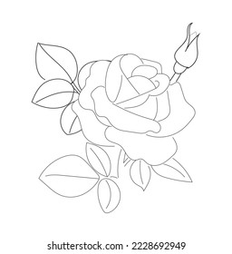 Hand drawn drawing of rose flower for coloring book. Isolated element on white background. Vector illustration.