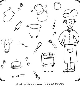 hand drawn drawing set of chef and cooking elements