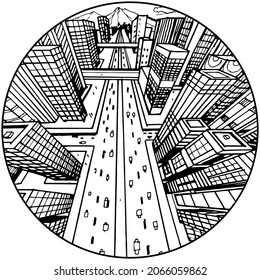 Hand Drawn Drawing Of Skyscrapers With Two Vanishing Point Perspective, Eagle Eye Point Of View In A Circle