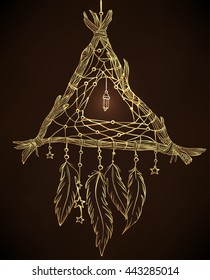 Hand drawn drawing of a triangle-shaped dream catcher with feathers. Vector illustration isolated. Ethnic tattoo design with American Indians amulet, tribal symbol in gold over black background