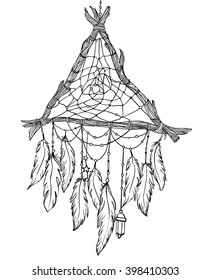 Hand drawn drawing of a triangle-shaped dreamcatcher with feathers. Vector illustration isolated on white . Ethnic tattoo design with American Indians amulet, tribal symbol. Zentangle style.