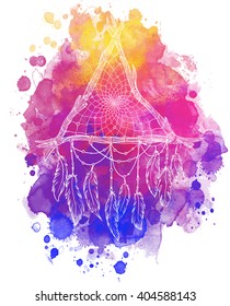 Hand drawn drawing of a triangle-shaped dreamcatcher with feathers over watercolor background. Vector illustration isolated. Ethnic tattoo design with American Indians amulet, tribal symbol. 