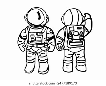 Hand drawn drawing of two astronauts standing, black line 2 man cartoon