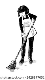 Hand drawn drawing of young cleaning woman with mop washing floor, vector black and white illustration isolated on white