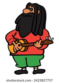 Hand drawn of dreadlocks man singing while playing acoustic guitar at street for a bucks. Best for sticker, logo, and mascot with reggae music themes