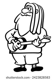 Hand drawn of dreadlocks man singing while playing acoustic guitar at street for a bucks. Best for outline, logo, and coloring book with reggae music themes