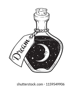 Hand drawn dream in bottle or wish jar with crescent moon and stars isolated. Sticker, print or tattoo design vector illustration