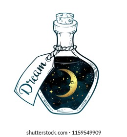 Hand drawn dream in bottle or wish jar with crescent moon and stars isolated. Sticker, print or tattoo design vector illustration