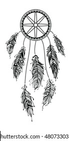 Hand drawn dream catcher. Abstract background with feathers. Ethnic design for card, invitation, party, presentation, greeting, boho. Vector illustration