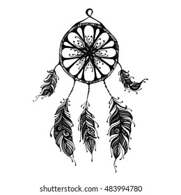 Hand drawn dream catcher. Abstract background with feathers. Ethnic design for card, invitation, party, presentation, greeting, boho. Vector illustration