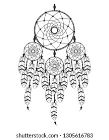 Hand drawn dream catcher in boho style. Magic tribal indian tattoo. Traditional aztec print.