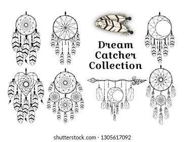 Hand drawn dream catcher collection in traditional boho style. Magic tribal indian tattoo. Aztec print. Bohemian feathers.