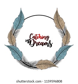 Hand drawn dream catcher feathers with background
