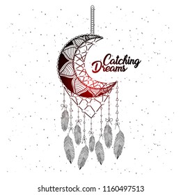 Hand drawn dream catcher feathers with ornamental moon background