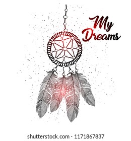 Hand drawn dream catcher feathers