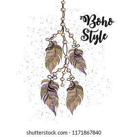 Hand drawn dream catcher feathers