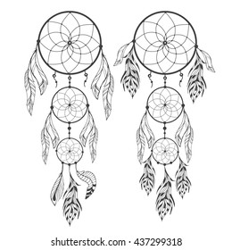 Hand drawn dream catcher with feathers on isolated background. Sketch vector illustration for design 