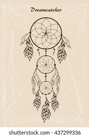 Hand drawn dream catcher with feathers on vintage background. Sketch vector illustration for design 