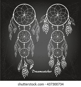 Hand drawn dream catcher with feathers on chalk board background. Sketch vector illustration for design 