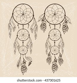 Hand drawn dream catcher with feathers on vintage background. Sketch vector illustration for design 