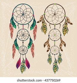 Hand drawn dream catcher with feathers on vintage background. Sketch vector illustration for design