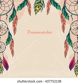 Hand drawn dream catcher with feathers on vintage background. Sketch vector illustration for design
