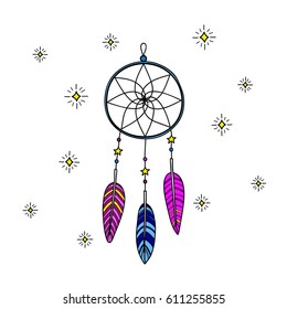 Hand drawn dream catcher with feathers and decor isolated on white background. The traditional native american talisman.