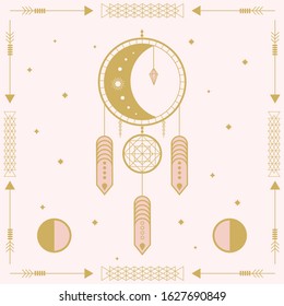 Hand drawn dream catcher with ornament elements and the Moon. Vector trendy illustration.