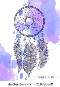 Hand drawn dream catcher with ornamental feathers on watercolor background. Sketch vector illustration for tattoos or t-shirt print