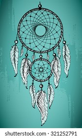 Hand drawn dream catcher with ornamental feathers on grunge green background. Sketch vector illustration for tattoos or t-shirt print