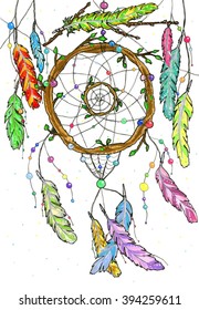 Hand drawn dream catcher from tree branches decorated with beads and with ornamental bright colorful feathers swinging in the wind. Sketch illustration for print or tattoo 
