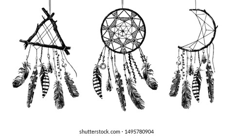 Hand drawn Dream catchers. Vector illustration in retro style