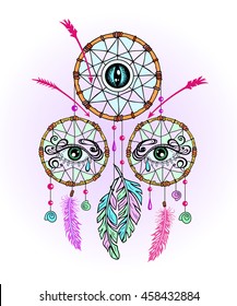 Hand drawn dreamcatcher with all seeing eyes, feathers, arrows. Indian talisman in boho style. American ethnic symbol for fashion, print, label, poster. Shamanism, religion, occultism, spirituality.