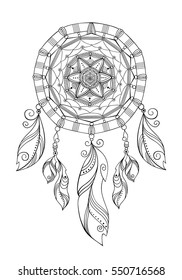 Hand drawn dreamcatcher  .Decorative boho style element for design. Native american ethnic tribal talisman. Pattern for coloring book. Card design. Vector art.