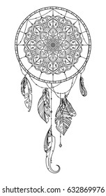 Hand drawn dreamcatcher with feather of birds. Vector illustration