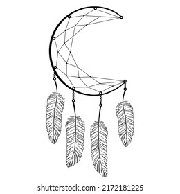 Hand drawn dreamcatcher with feather. Bohemian talisman, boho ethnic style, magic tribal symbol. Vector illustration isolated on white background.