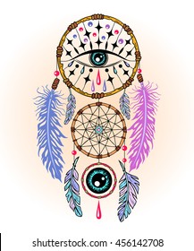 Hand drawn dreamcatcher with feathers and all seeing eyes. Indian talisman in boho style. Ethnic symbol for fashion, print, label, poster. Shamanism, religion, occultism.