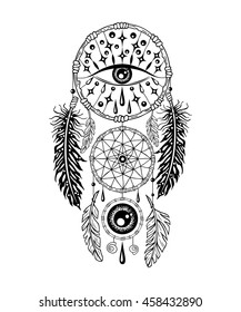 Hand drawn dreamcatcher with feathers and all seeing eyes. Indian talisman in boho style. America  ethnic symbol for fashion, print, label, poster. Shamanism, religion, occultism.
