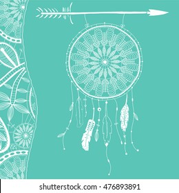 Hand drawn dreamcatcher with feathers and arrow. Vector hipster illustration isolated on white. Ethnic design, boho style, tribal symbol, white dreamhunter
