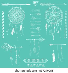 Hand drawn dreamcatcher with feathers and arrow. Vector hipster illustration isolated on white. Ethnic design and boho style illustration