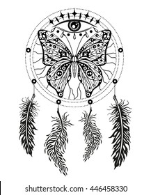 Hand drawn dreamcatcher with feathers, butterfly, all-seeing eye. American Indian talisman in boho style. Tribal ethnic symbol for fashion, textile, print, poster. 